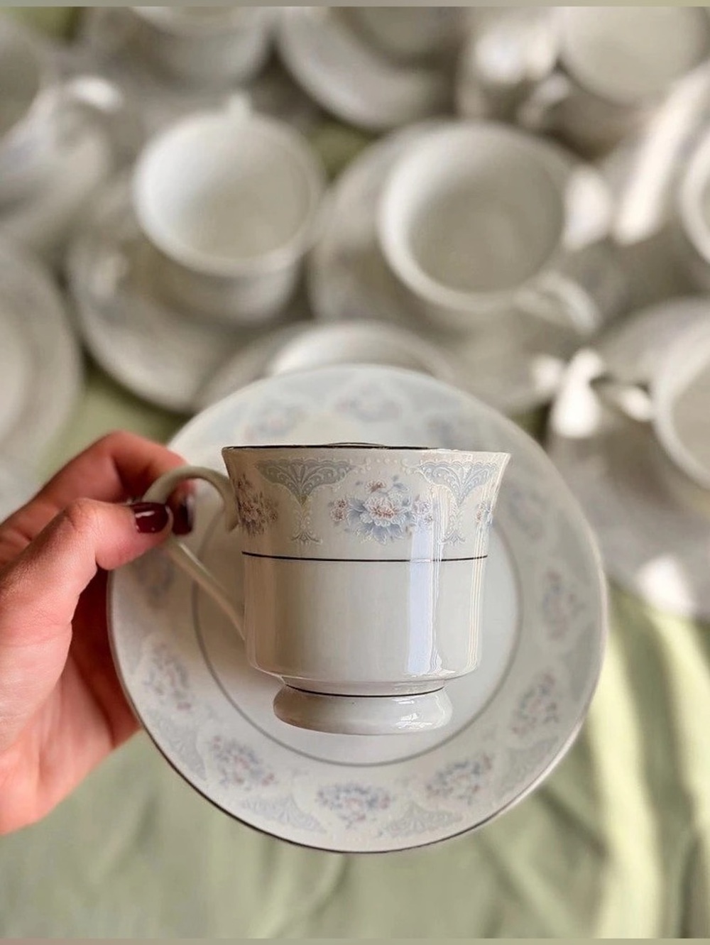 Fine Dining Fine China Floral Teacup & Saucer Set for 12 in White & Blue